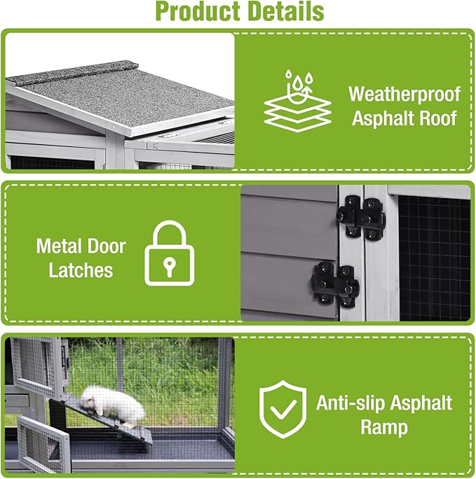 Rabbit Hutch Indoor Outdoor, 93.7" Large Rabbit Cage with 4 Pull Out Trays & Wheels, Wooden Bunny Cage with Weatherproof Asphalt Roof, Pet House for Rabbits, Guinea Pigs and Small Animals