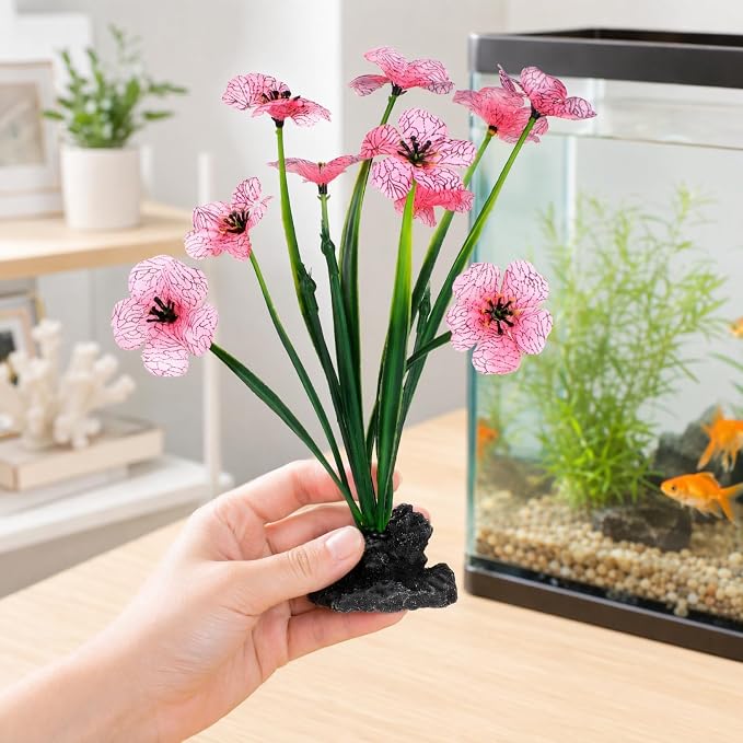 NOLITOY 2 Pcs Pink Aquarium Plants, 8.3 Inch Tall Decor for Betta Fish Tank | Premium soft plastic, heavy weighted base, colorfast in fresh water, 1 min quick setup, fits indoor goldfish glass bowls well