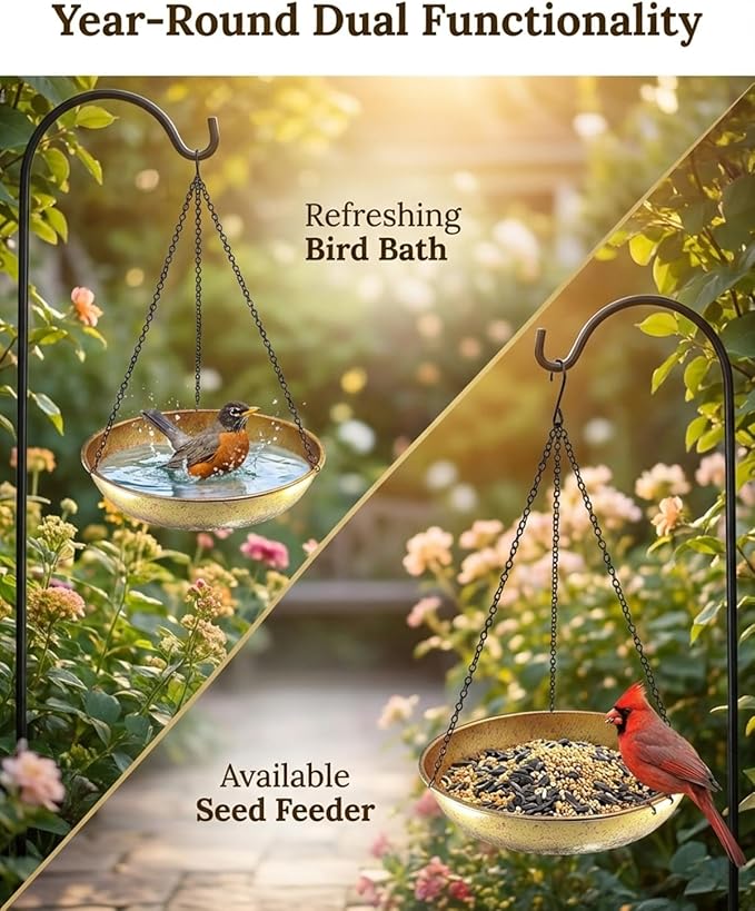 Hanging Bird Bath for Outside Metal Birdbath 11 Inch for Birds to Seed Bathe Drink Decor Bird Bath Gold to Iridescent Pink Gradient Decor for Garden Back Yard Patio Attracts Hummingbirds & Finches