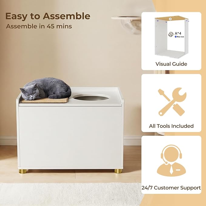 Amunrbrek Top Entry Litter Box Enclosure, Flip Top Cat Litter Box Furniture with Scratch Mat, Stylish Hidden Cat Washroom for Large Cats (White)
