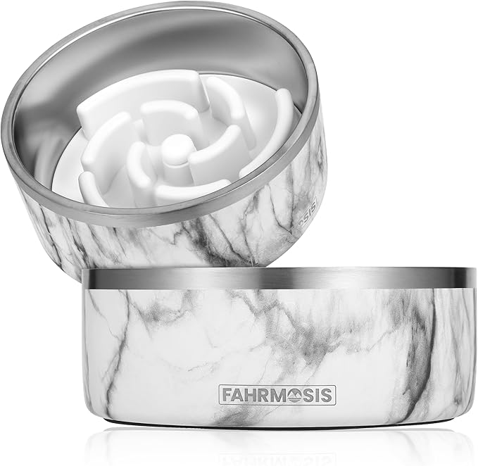 FAHRMOSIS 32 Oz Dog Bowl with Slow Feeder Insert Stainless Steel Pet Water Bowl for Medium & Large Breed Non Slip Rubber Base & Plastic Puzzle Feeder - White Marble