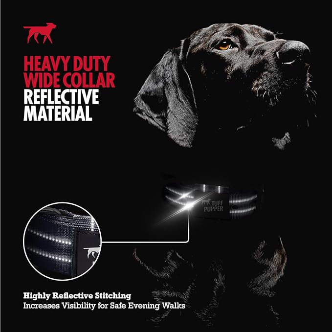 Tuff Pupper Heavy Duty Tactical Dog Collar | 1.5" Wide Ballistic Nylon | Reflective Stitching | Integrated ID Tag Holder | Stainless Steel Buckle | Padded Lining | Medium & Large Dogs (Black, Large)