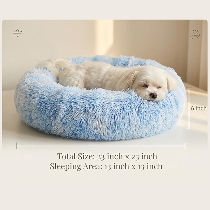 Calming Donut Dogs Beds for Small Dogs Washable,23inch Plush Round Pet Bed for Cozy Sleep,Fluffy Faux Fur Large Cat Bed,Fits up to 25 lbs Pets,Gradient Blue