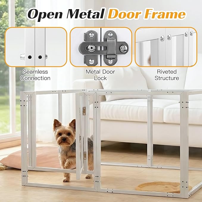 Clear Acrylic Dog Playpen with Door,Puppy Fence Indoors H:24" 8-Panel can be DIY Expanded + Splicing Height Design for Puppies/Small Dogs,White Dog Enclosure (Metal + Acrylic Material)