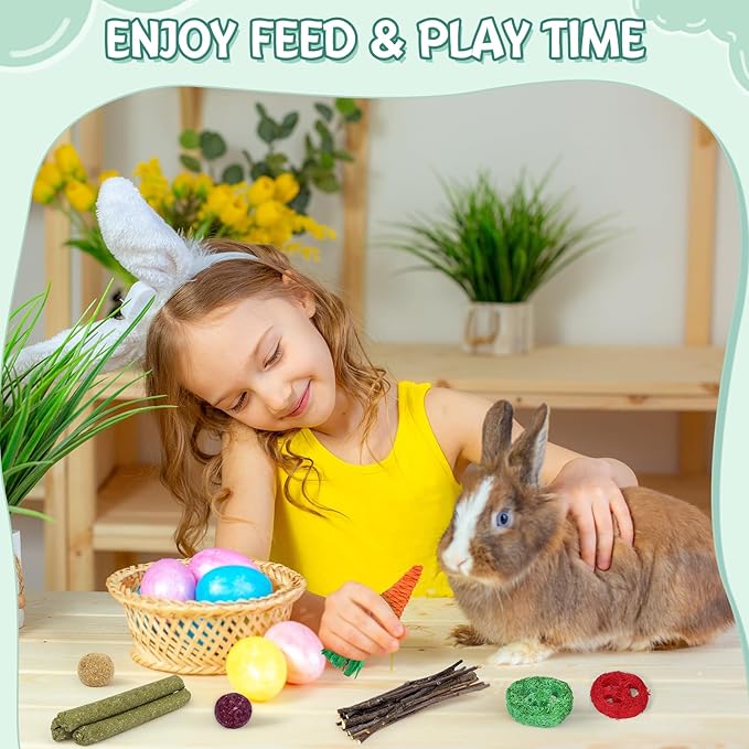 Rabbit Toys Bunny Chew Toys for Teeth, Treats for Chinchilla Rat Squirrel with Natural Apple Wood & Timothy Hay Sticks, Guinea Pig Enrichment Toys Hamster Cage Accessories for Small Pets Indoor