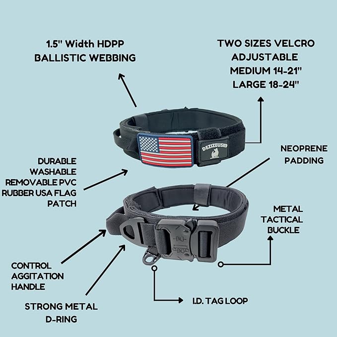 Tactical Dog Collar with Handle, American Flag Patch, 1.5 Inch Wide Thick Heavy Duty Nylon, Quick Release Metal Buckle, Customizable Name Plate, Ideal Dog Collars for Medium to Large Breeds K9 Harness