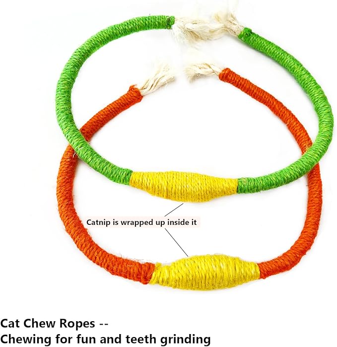 IUHKBH Silvervine Cat Toy, 4 Packs Colorful Chew Ropes with Silvervine Sticks and Refillable Natural Catnip Bag for Teeth Cleaning Safe Interactive Toy for Indoor Cat Kitten