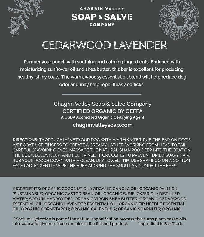 Chagrin Valley Soap & Salve Certified Organic Dog Shampoo and Conditioner - Dog Shampoo Itchy Skin Relief and Puppy Essentials - Natural Handmade Cedarwood Lavender, 3.8 oz Bar Soap