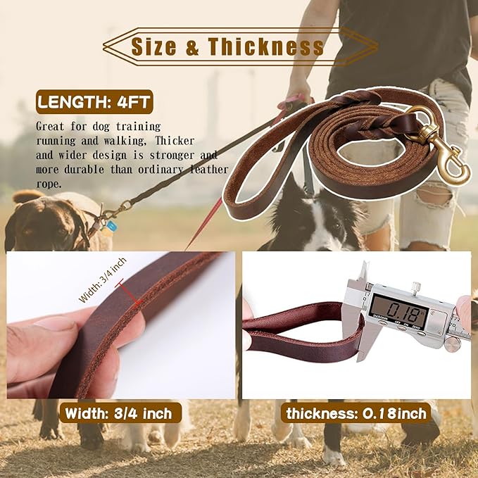 Leather Dog Leash 4ft x 3/4 inch,Strong Heavy Duty Genuine Leather Braided Dog Training Leash, Soft and Comfortable for Large Dogs, Medium Small Dogs (Brown, 4FT*3/4in)
