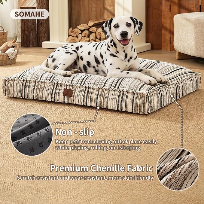 SOMAHE 4 Inch Orthopedic Dog Bed for Crate, 35 x 27 Inch, Coffee Chenille | Washable Removable Cover, Waterproof Inner Liner, Non-Slip Bottom, Orthopedic Dog Crate Mattress for Medium & Large Dogs