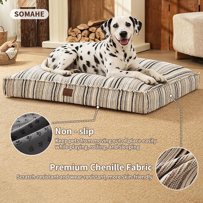 SOMAHE 4 Inch Orthopedic Dog Bed for Crate, 27 x 20 Inch, Orange Chenille | Washable Removable Cover, Waterproof Inner Liner, Non-Slip Bottom, Orthopedic Dog Crate Mattress for Medium & Large Dogs