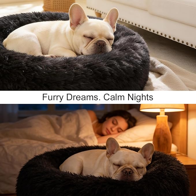 Dog Calming Beds for Small Medium Large Dogs - Round Donut Washable Puppy Dog Bed, Anti-Slip Faux Fur Fluffy Donut Cuddle Anxiety Cat Pet Bed(20" Black