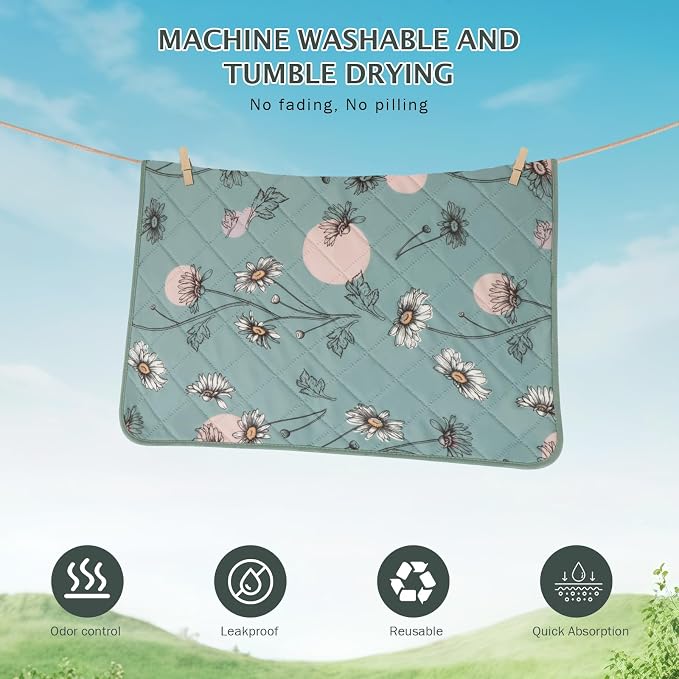 IEUUMLER Washable Pee Pads for Dogs, 2 Pack Non-Slip & Waterproof Pack Whelping Pad, Reusable Washable Puppy Potty Training Pad with Fast Absorbent for Playpen EU007 (Green Daisy, 30"X20"-2pcs)