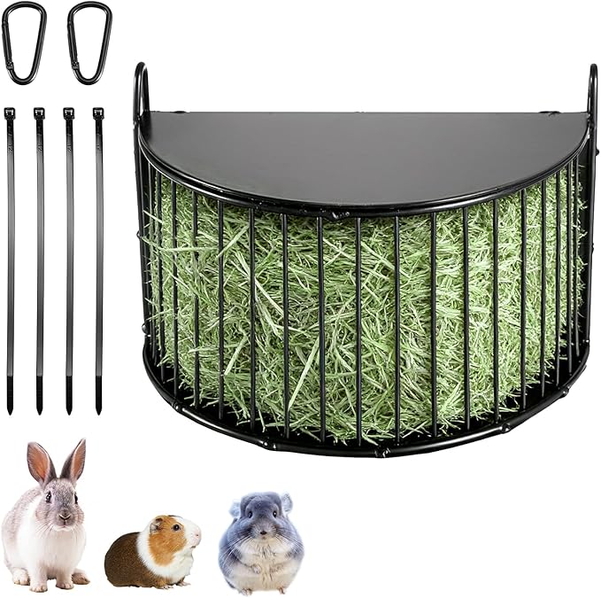 Upgraded Hay Rack for Rabbits, Bunny Feeder for Guinea Pigs Chinchillas, Black, Hanging Hay Feeder with Lid, Bunny Feeding Holder, Metal, Semicircular, Chinchilla Cage Accessories