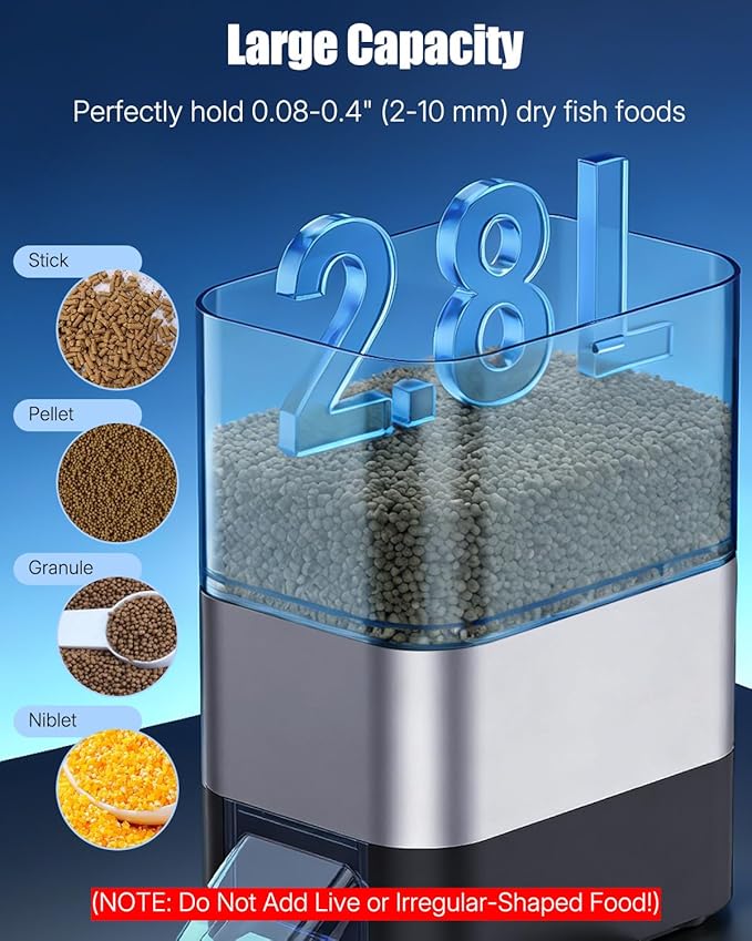 Pawfly Automatic Fish Feeder for Pond, 2.8 L Large Capacity Pond Fish Feeder with Timer, Adjustable Auto Fish Food Dispenser, Moisture-Proof Outdoor Koi Fish Feeder, Battery Powered (Not Included)