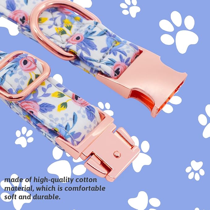 Dog Collar and Leash Set Girls Adjustable Puppy Collars with Floral Bow Tie for Small Medium Large Female Dogs, Blue Flower, S