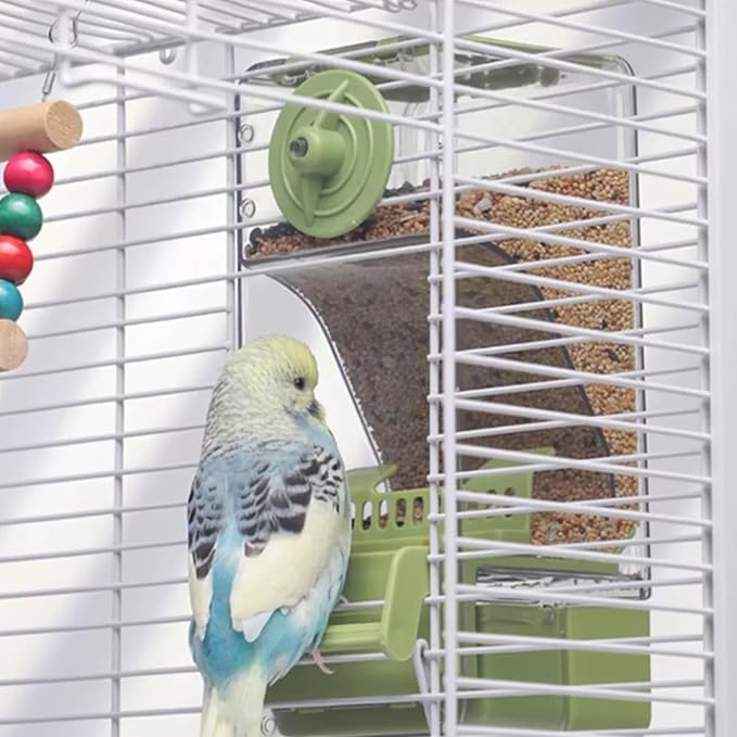 Automatic Bird Feeder, Bird Cage Feeder with Perch for Parakeet Canary Cockatiel Finch (Blue)