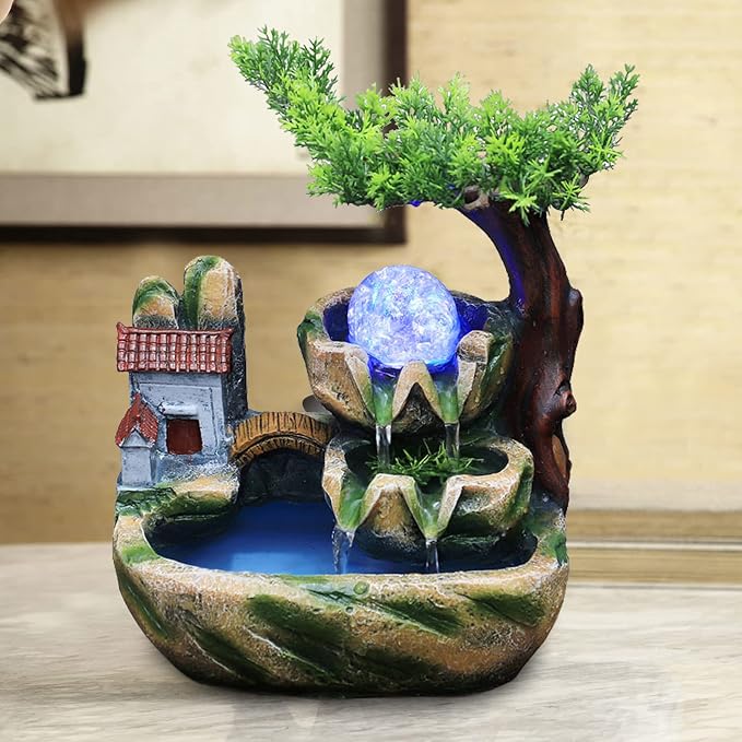 Indoor Fountain Rockery Tabletop Fountain with an Atomizer Elaxation | Water Feature Meditation Desktop Fountains for Home Office Decor or Giving 7.9' x 5.9'' x 9.8'' with LED Light & Fish Bowl