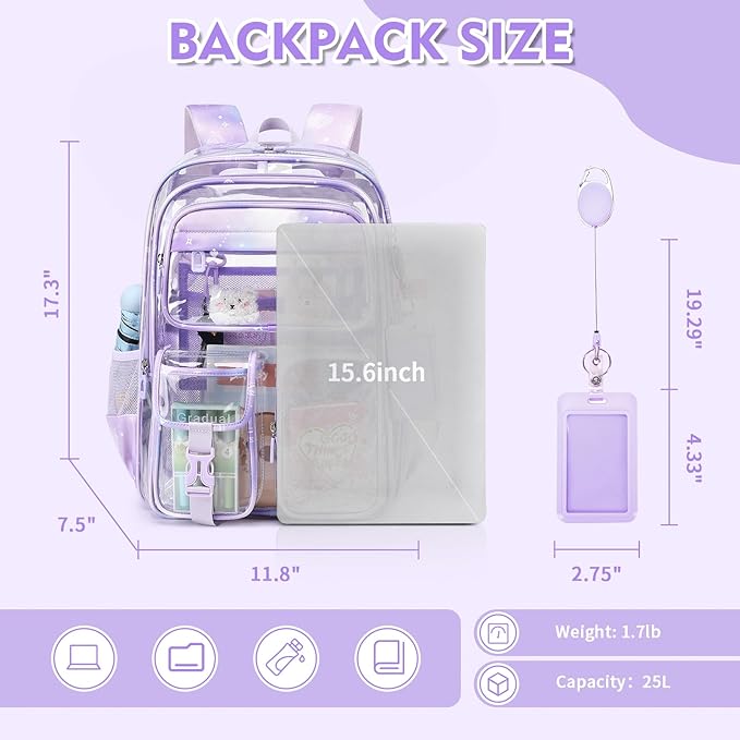 Clear Backpack for School,Transparent Backpack Stadium Events,Heavy Duty Clear Bookbag for Girls,Boys,Work,Sport Purple Sparkle