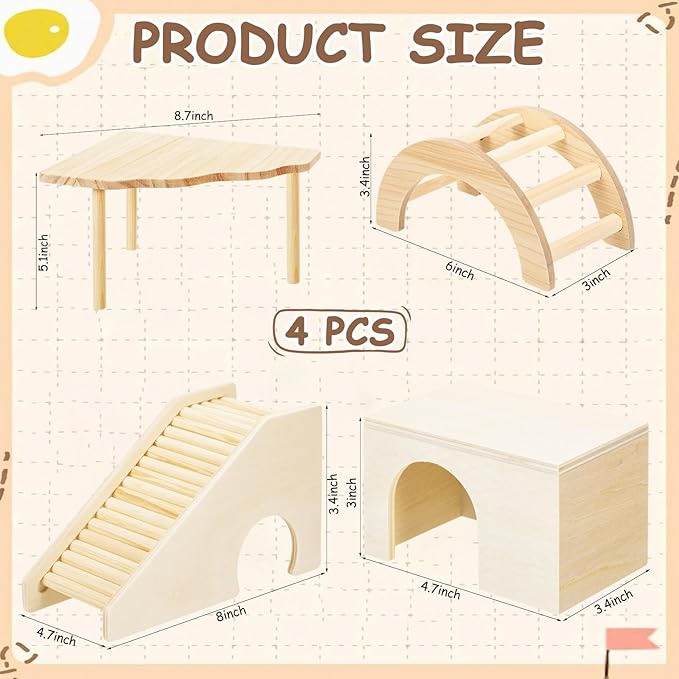 BreezeHug 4 Pcs Hamster Platform Hideout Wooden Tunnel Ladder Playhouse Hamster Game Climbing Toy with Platform Cage Accessories for Pets Dwarf Syrian Mice Degus Gerbils Squirrel(Log Cabin)