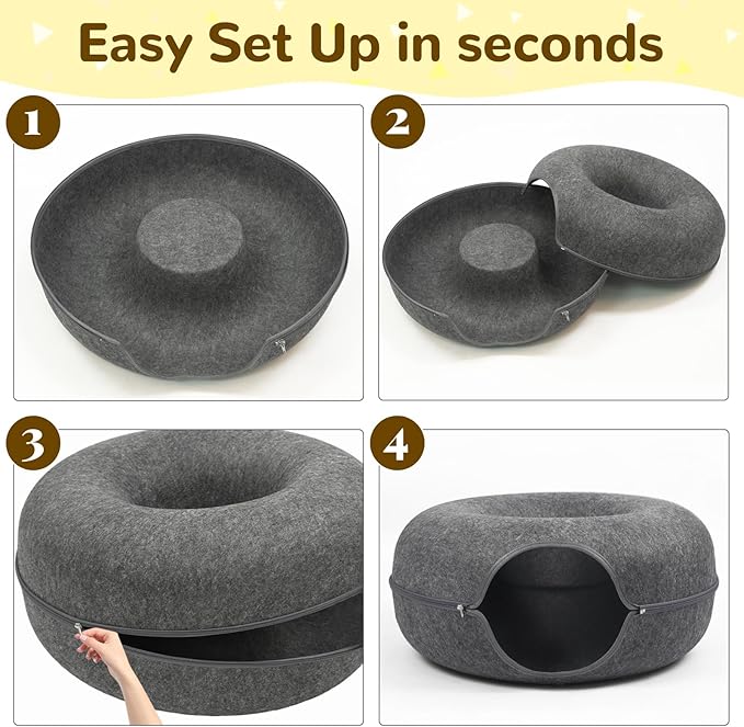 Cat Caves for Indoor Cats, Large Cat Tunnel for Multiple & Large Cats, Scratch Detachable Peekaboo Cat Cave Bed, Kitten Donut Kitty Hideaway Up to 45 Lbs