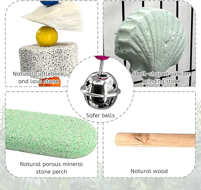 Chewing Birds Toy, 5 Pcs Natural Parrot Cuttlebone Set – Includes Cuttlebone, Lava Block, Grinding Stone & Wooden Perch for Beak Trimming & Calcium – for Small and Medium Parakeets, Cockatiels