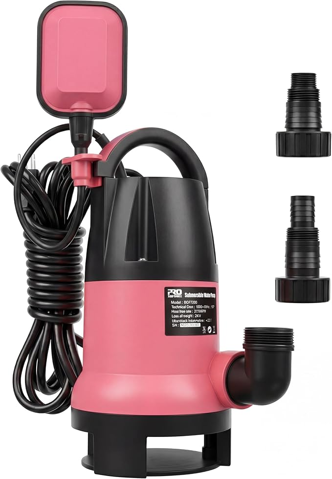 Sump Pump, Prostormer 1HP 3700GPH Submersible Clean/Dirty Water Pump with Automatic Float Switch for Pool (Pink)
