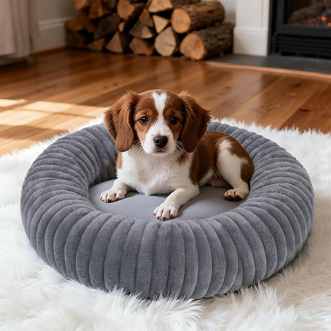 Calming Dog Bed Anti-Anxiety Donut Dog Beds for Small Medium Large Dogs,Washable Plush Fluffy Indoor Cat Kitten Round Cuddler Cushion (Deep Grey, Medium)