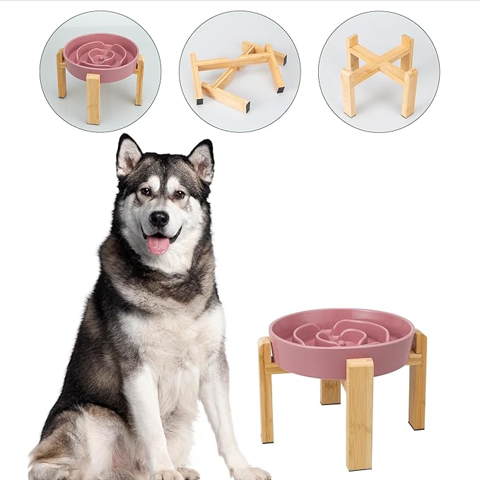 Elevated Slow Feeder Dog Bowl Large Breed, 8.8 Inch Ceramic Slow Eating Bowl with Bamboo Stand, Anti-Choking Raised Maze Design for Medium to Large Dogs, 3.2 Cup, Pink
