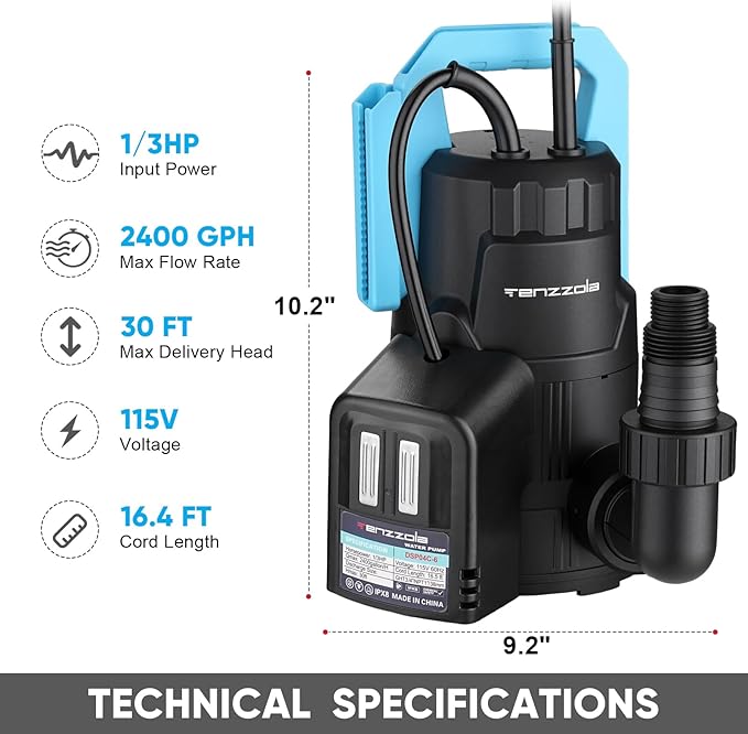 Sump Pump Submersible Utility Water Pump Thermoplastic Portable Electric Water Removal Transfer Pump with 16.4FT Cord for Swimming Pool Basement Garden Pond Tubs Draining, 1/3 HP Auto 2400GPH