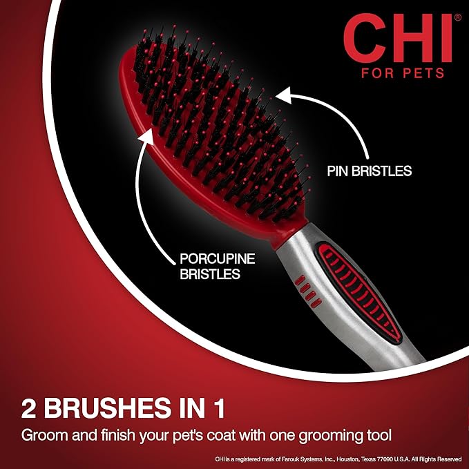 CHI for Dogs Porcupine Pin and Bristle Dog Grooming Brush, Detangling and Smoothing Brush for Short Medium and Long Dog Coats, Helps Remove Loose Hair and Light Tangles, Ergonomic Soft Grip Handle