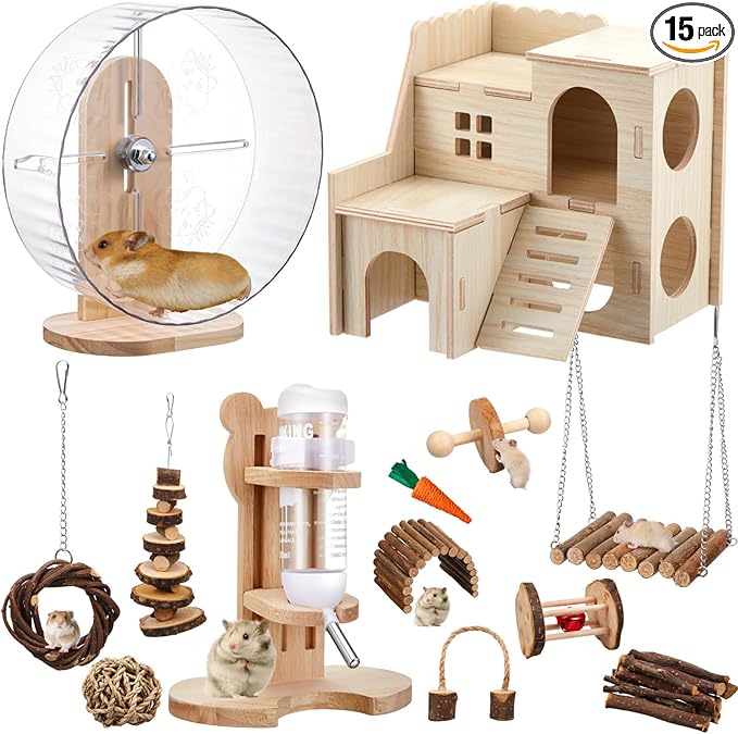 18 Pcs Hamster Toys Set, 10 Kinds Small Animal Chewing Toys, Maze Wood House, Silent Exercise Running Wheels and Water Bottle Set for Hamster Habitat Rat Cage Accessories(Mixed Play Style)