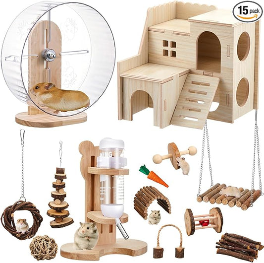 18 Pcs Hamster Toys Set, 10 Kinds Small Animal Chewing Toys, Maze Wood House, Silent Exercise Running Wheels and Water Bottle Set for Hamster Habitat Rat Cage Accessories(Mixed Play Style)
