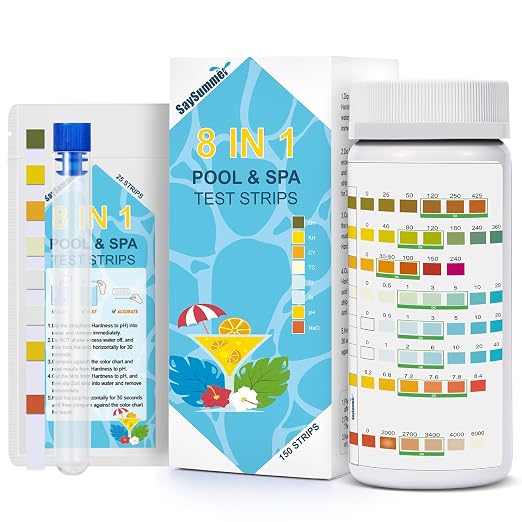 Salt-Water Pool Test Strips Kit: 150 Counts 8-in-1 for Salt Water Pool Testing Kit, Salt Pool Test Strips for Hot Tub Spa Testing Salt Chlorine pH and More