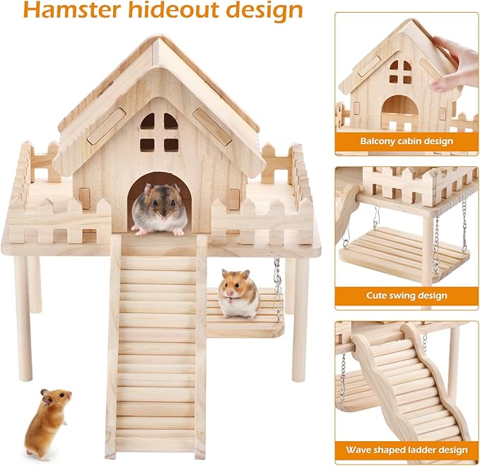 Hamster Wooden House with Platform,Ramp & Swing - Natural Wood Play Set forSyrian Dwarf Hamsters, Gerbils, Mice,Small Animals Cage Accessories