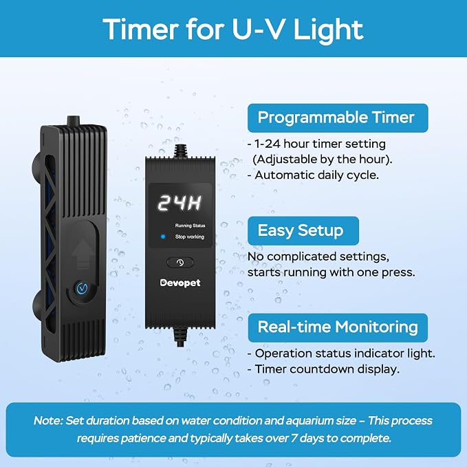 Aquarium U-V Light, Al-gae Control Light with 1-24H Timer, Compact Green Water Clean Lamp with Protective Shield, 3W for 3-20 Gallon Freshwater and Saltwater Tanks