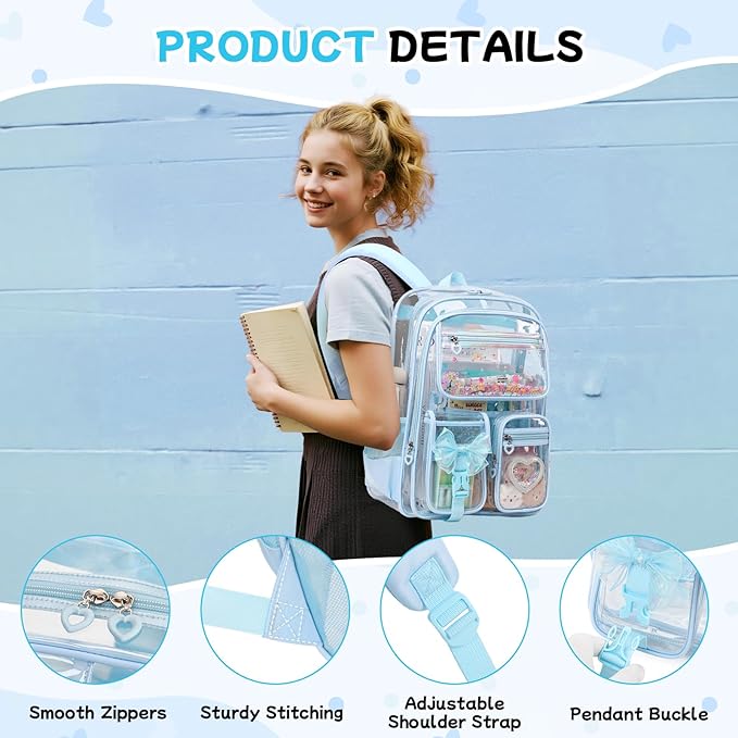 MOONBABY Clear Backpack for Girls, Clear Bookbag Heavy Duty Transparent Backpack for Stadium Events, See Through Back Pack for Kindergarten Elementary Middle High School, Blue