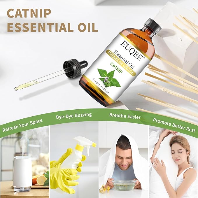 EUQEE 118ML Catnip Essential Oil, Pure & Fresh Herbal Aroma Catnip Essential Oil with Glass Dropper Great for Air Refresher, Massage, Diffuser, DIY Soap, Candle Making, Aromatherapy, Sleep