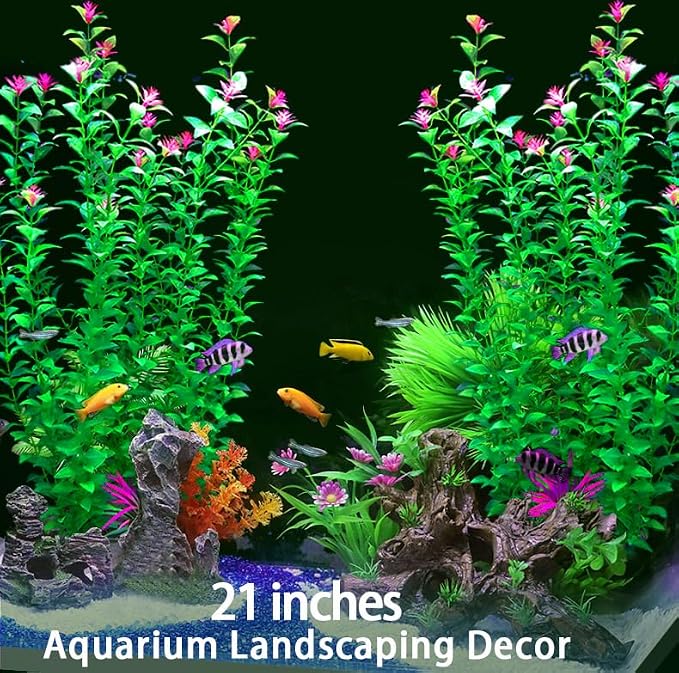 2 pcs Aquarium Decor Plants 21 Inches Extra Large Artificial Plastic Fish Tank Plants with Flowers, Tall Fish Tank Decoration for Betta Fish Tank