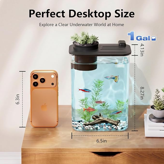 1 Gallon Betta Fish Tank Aquarium Starter Kit with Light and Lid(Black) | Premium Acrylic Aquarium with Light and Lid, Crystal Clear Starter Kit for Betta Fish, Shrimp, Snails and Small Fish