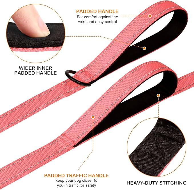 Joytale Dog Leash Heavy Duty for Large Dogs that Pull, Double Handle for Traffic Control, Double-Sided Reflective Leashes for Large Medium Dogs Night Safety, 4FT, Neon Pink