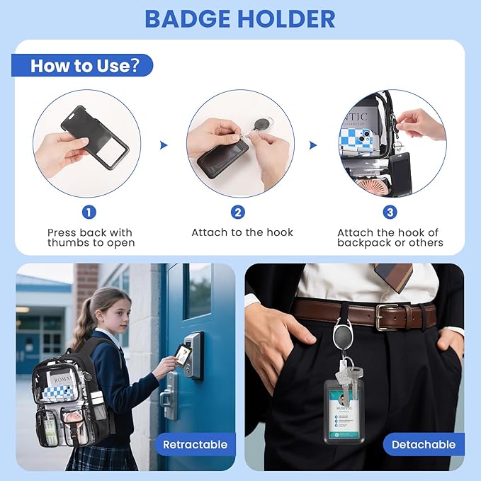 MUSEVOS Clear Backpack for School, Heavy Duty Clear Bookbag for Girls Boys Transparent Backpack with Badge Holder, Black