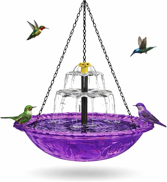 Solar Powered Hanging Bird Bath, Vibrant Blue Multi-Tier Waterfall Fountain for Outside, Easy to Hang Bird Oasis for Garden Decoration, Balcony, for Bird Lovers (Purple)