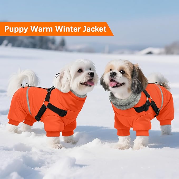 BRKURLEG Small Dog Winter Coat with Harness Built in, Orange Winter Dogs Jackets, Fullbody Dog Coat, Dogs Snowsuits Reflective Windproof Cold Weather Coats, Pet Warm Fleece Coats, XXL
