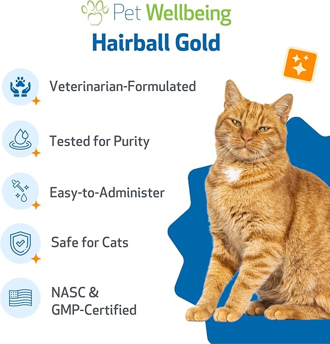Pet Wellbeing Hairball Gold for Cats - Holistic Hairball and Digestive Care, Normal Elimination, Slippery Elm, MCT Oil, No Mineral Oil - Veterinarian-Formulated Herbal Supplement 4 oz (118 ml)