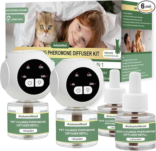 Cat Calming Pheromones Diffuser Kit with Timer – 2 Plug-Ins + 4 Refills (48ml) – 4-Level Timing – Stress Relief for Cats – Helps with Hiding, Scratching, Urine Marking, Travel, Vet Visits