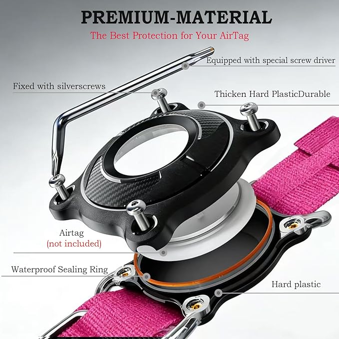 Upgraded AirTag Dog Collar,Waterproof Tactical Dog Collar with AirTag Holder, Control Handle and Metal Buckle,Heavy Duty Dog Collars for Large Dogs (Rose Red，M