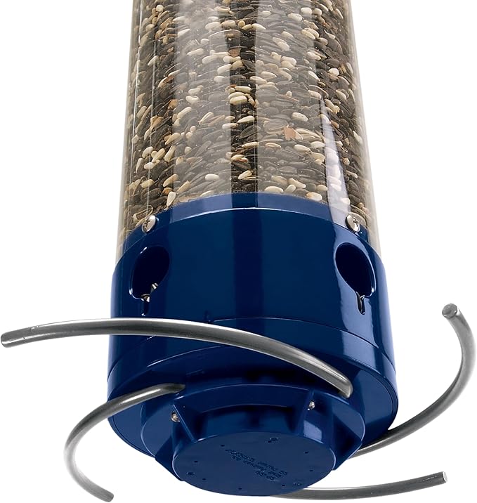 Droll Yankees Whipper Squirrel-Proof Bird Feeder for Outdoors - 5lb Seed Capacity, Weight-Activated Collapsible Perches, Heavy-Duty Metal Construction, Powder-Coated Blue Tube Feeder, YCPW-180-M
