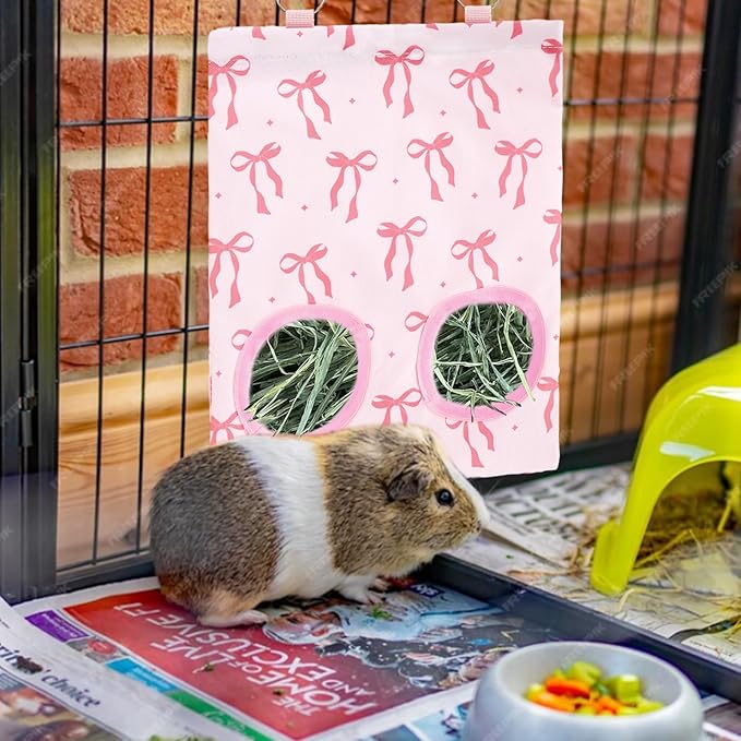 JarThenaAMCS 2Pcs Rabbit Hay Feeder Bag with 2 Holes Pink Bow Guinea Pig Hanging Hay Feeding Bag Storage Dispenser for Chinchilla Hamster Bunny Small Animal Pet