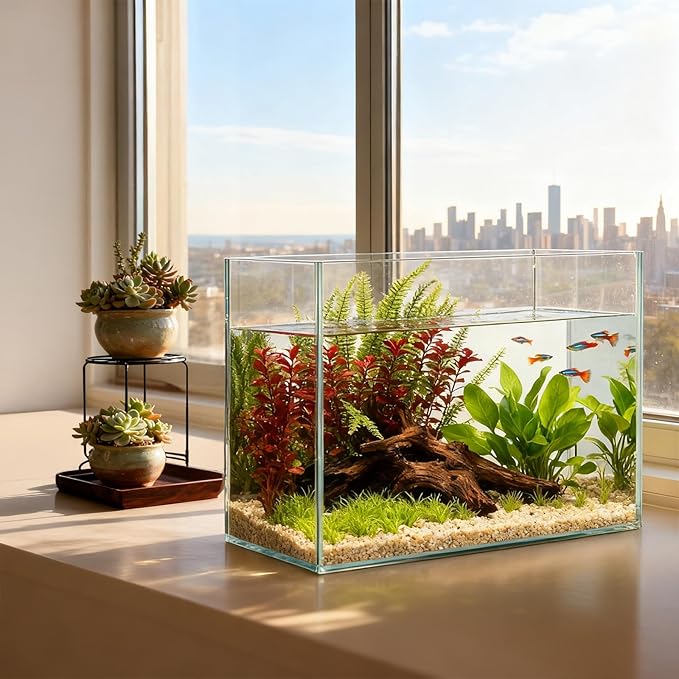 Tlence 2.7 Gallon Glass Fish Tank, Small Betta Fish Aquarium, Ultra Clear Rectangular Glass Bowl for Shrimp, Mini Desktop Aquatic Planting Cube for Goldfish Snails, Easy to Clean